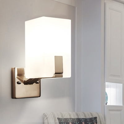 Cuboid Frosted White Glass Sconce Light Fixture Modernism 1 Light Nickel Wall Mount Lamp