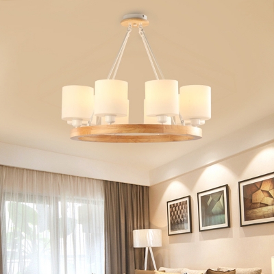 Cylinder Chandelier Pendant Light Modern White Glass 4/6/8-Light Wood Ring Hanging Ceiling Lamp