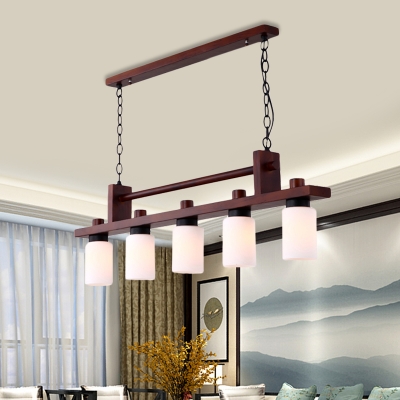 Cylinder Opal Glass Island Light Fixture Vintage 5-Head Dining Room Pendant Lamp in Brown with Wood Linear Design