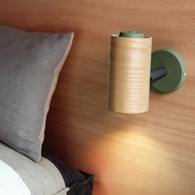Cylindrical Mini Wall Lamp Macaron Wooden Single Yellow/Blue/Green Sconce Light Fixture with Curved Arm