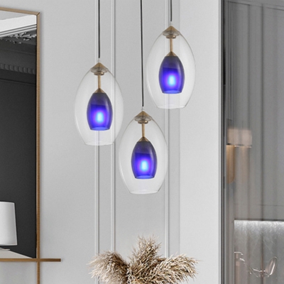 Dual Oval Clear-Blue Glass Pendant Lamp Modern 1 Light Brass LED Ceiling Suspension Light for Bedside