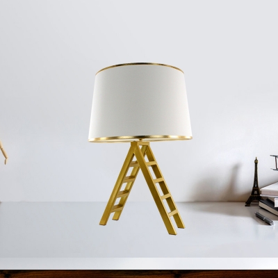 Fabric Drum Night Stand Light Modern 1 Bulb Black/White and Gold Table Lamp with Ladder Base