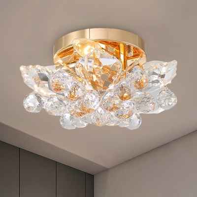 Faceted Crystal Gem Flush Light Traditional 4 Bulbs Gold/Chrome Finish Close To Ceiling Lighting Fixture