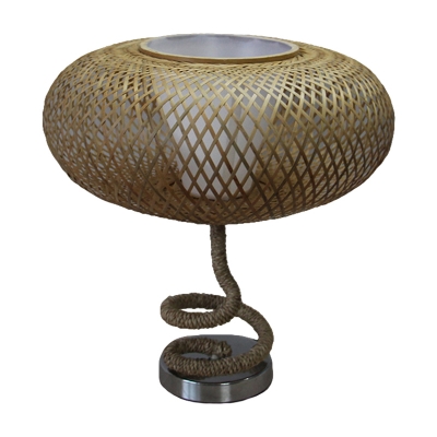 Flaxen Cross-Woven Oval Night Light Country 1 Head Bamboo Rattan Table Lighting with Spiral Rope Base