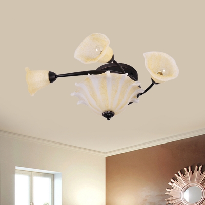 Flower Opal Glass Flushmount Light Countryside 3 Heads Living Room Spiral Flush Lamp Fixture in Black