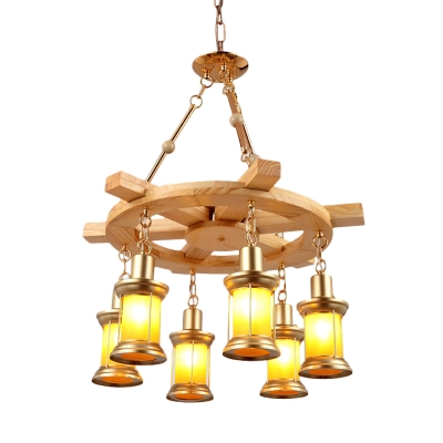 Gold 6 Heads Chandelier Industrial Orange Glass Kerosene Hanging Pendant Light with Wood Rudder Deco