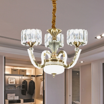 Gold Drum LED Hanging Chandelier Modernist Crystal Block 3/5-Head Living Room Suspension Pendant