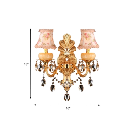 Gold Dual Curved Arm Wall Light Traditional 2-Light Crystal Candlestick Wall Sconce with Empire Fabric Shade