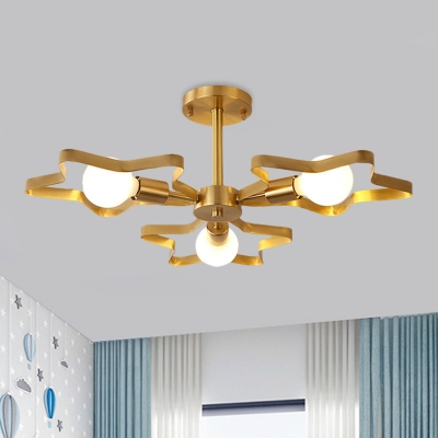 Gold Finish Star Frame Semi Mount Lighting Cartoon 3/4/5 Bulbs Metal Radial Flush Ceiling Lamp