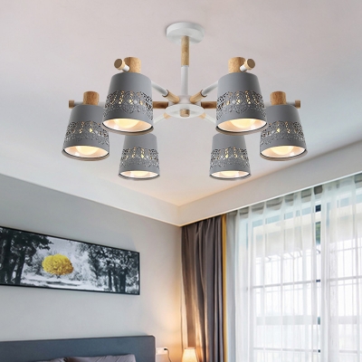 Grey Etched Cone Shade Flush Chandelier Nordic 6-Light Iron Semi Flush Mount Ceiling Light with Branching Wood Arm