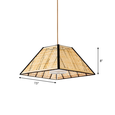Grid Trapezoid Rattan Pendant Lamp Asian 1 Bulb Beige Hanging Light Fixture for Restaurant