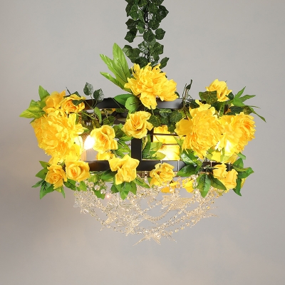 Industrial Drum Cage Chandelier Light 3 Bulbs Iron Flower Pendant Lamp in Yellow with Crystal Accent