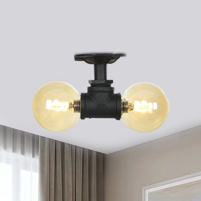 Industrial-Style Ball LED Semi Mount Lighting 2 Heads Amber Glass Flush Ceiling Lamp in Black