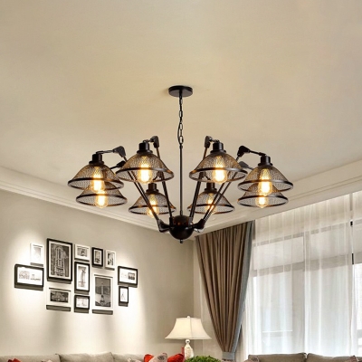 Iron Dome Mesh Chandelier Light Fixture Vintage 6/8 Bulbs Living Room Rotatable Hanging Lamp Kit in Black
