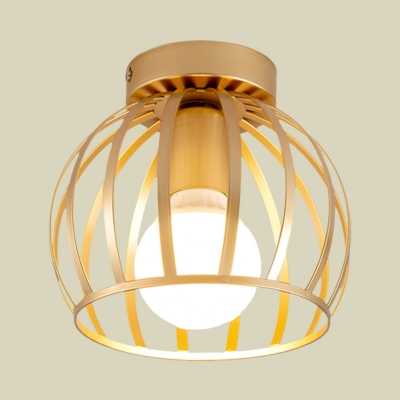 Iron Domed Cage Flushmount Lighting Minimalist 1 Light Black/Gold Finish Flush Mount Ceiling Lamp