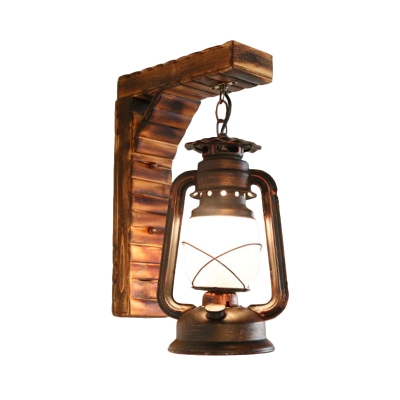 Kerosene Frosted Glass Wall Lighting Vintage 1-Light Corridor Sconce Light Fixture in Copper with Bamboo Right Angle Arm