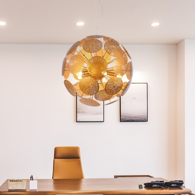 Lotus Leaf Restaurant Pendant Chandelier Metal 5-Bulb Postmodern Suspension Light in Gold with Globe Design