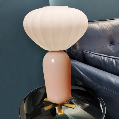 Macaron Balloon Nightstand Light White/Yellow Ribbed Glass Single Living Room Table Lighting with Capsule Base