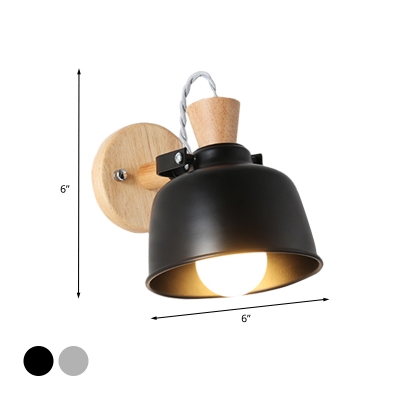 Macaron Bowl Wall Lighting Iron 1 Bulb Bedside Handle Wall Sconce in Grey/Black with Wood Top and Backplate