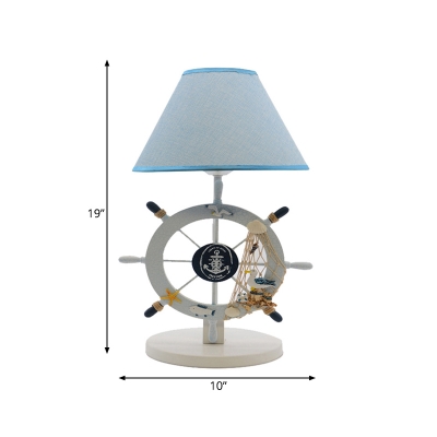 Mediterranean Rudder Reading Light Wood LED Bedside Night Table Lamp in White with Conic Fabric Shade