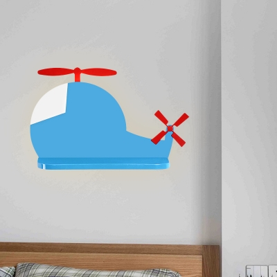 Metal Airplane Sconce Lighting Cartoon LED Wall Mounted Lamp in Blue for Child Bedroom, White/3 Color Light