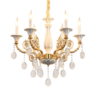 Metal Scroll Arm Pendant Chandelier Traditional 6 Bulbs Living Room Candlestick Ceiling Hang Fixture in Gold with Crystal Drop