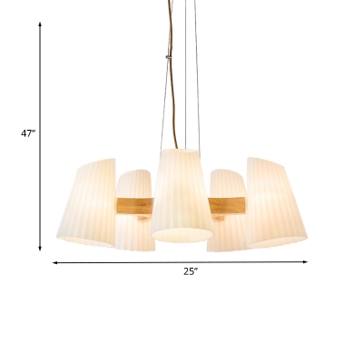 Modern 3/5-Light Hanging Chandelier Wood Cone Ceiling Pendant Lamp with White Prismatic Glass Shade