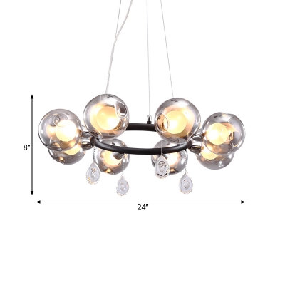 Modern 8 Heads Chandelier Light Black Circular Hanging Lamp with Orb Smoke Dimpled Glass Shade