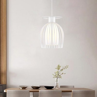 Modern Cup Cage Pendant Iron 1 Light Restaurant Ceiling Hang Fixture in White with Opal Glass Shade