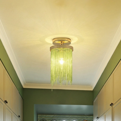 Modernist 1 Head Semi Mount Lighting Green/Blue/Gold Waterfall Tassel Mini Ceiling Flush Light with Aluminum Shade