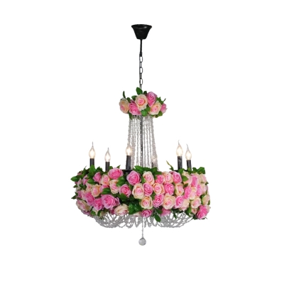 Pink 6 Heads Ceiling Pendant Loft Iron Candlestick Flower Chandelier Light Fixture with Crystal Accent