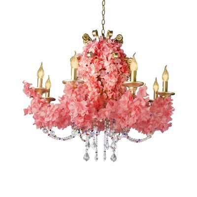 Pink Candle Ceiling Chandelier Warehouse Iron 8 Lights Restaurant Flower Hanging Lamp with Crystal Drop