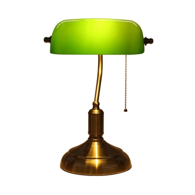 Polished Bronze Pull Chain Table Lamp Vintage Green Glass Single Living Room Night Light with Pivot Shade
