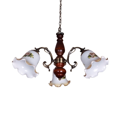Red Brown 3-Bulb Hanging Chandelier Classic Style White Glass Flower Suspension Light