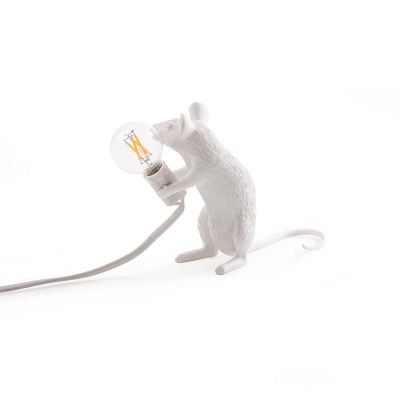 Resin Rat Holding Night Lamp Rustic Single Bulb Bedside Table Light in White with Exposed Bulb Design