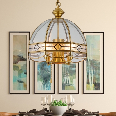 Retro Hemisphere Pull-Chain Pendant 5 Lights Clear Glass Hanging Chandelier in Brass