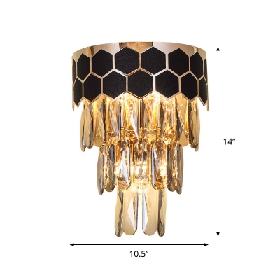 Retro Style 4 Tiers Flush Mount 1-Light Crystal Prism Wall Sconce Light with Honeycomb Element in Black