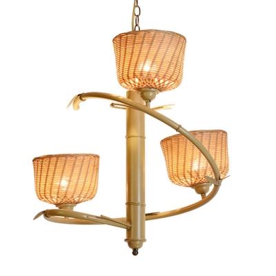 Rural Tree Branch Pendant Chandelier Bamboo 3-Light Dining Room Hanging Light with Beige Cup Shade