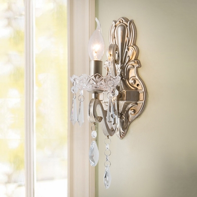 Silver Candle Sconce Light Traditional Metal 1/2-Light Living Room Wall Lamp with Crystal Drop