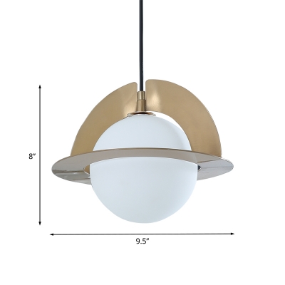 Sphere Milk White Glass Pendant Post Modern 1-Light Gold Finish Hanging Ceiling Lamp with Panel Detail