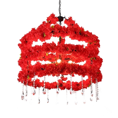 Tiered Cherry Flower Beer Bar Chandelier Rural Romantic Iron 6 Bulbs Red Pendant Lamp with Crystal Drape