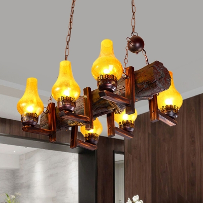 Vase Shade Dining Room Island Light Fixture Vintage Yellow Water Glass 6-Head Brown Pendant Lamp with Resin Linear Beam