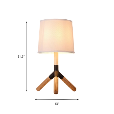 White Barrel Shade Table Lighting Modern Fabric 1 Bulb Bedroom Nightstand Lamp with Wood Tripod