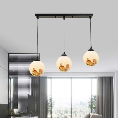 White Glass Black Multi Light Chandelier Spherical 3 Heads Pastoral Style Petal Pattern Suspension Lamp with Round/Linear Canopy