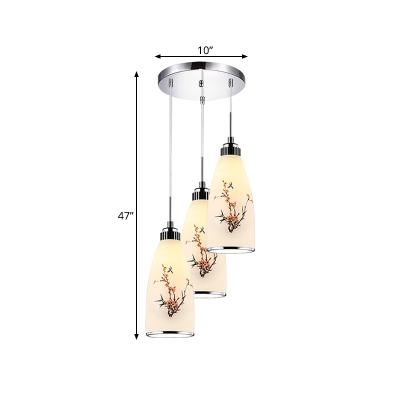 White Glass Bottle Multi Pendant Country 3 Lights Dining Room Ceiling Lamp with Butterfly/Flower/Birds Pattern and Round/Linear Canopy