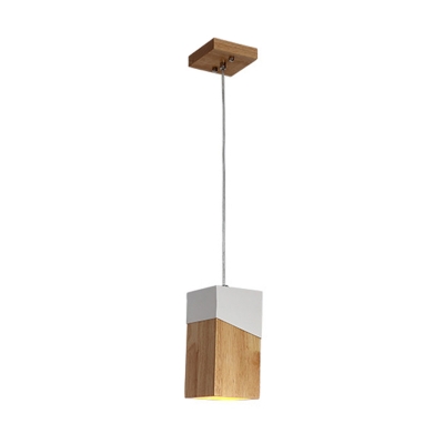 Wood Box Pendulum Light Nordic 1 Head Beige-White Ceiling Pendant Lamp for Bedroom