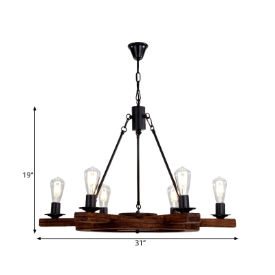 Wood Brown Chandelier Lamp Exposed Bulb 6 Heads Countryside Hanging Light Kit with Rudder Design
