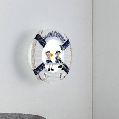 Wood Life Buoy Wall Light Sconce Cartoon LED White Wall Mounted Lamp in White/3 Color Light