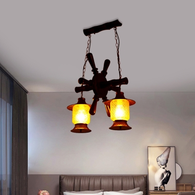Yellow Grid Glass Copper Hanging Chandelier Lantern 2-Light Warehouse Pendant Light Kit with Wood Rudder Deco