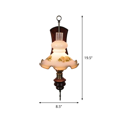1-Bulb White Glass Sconce Lamp Antiqued Red Brown Floral Corridor Wall Mount Lighting